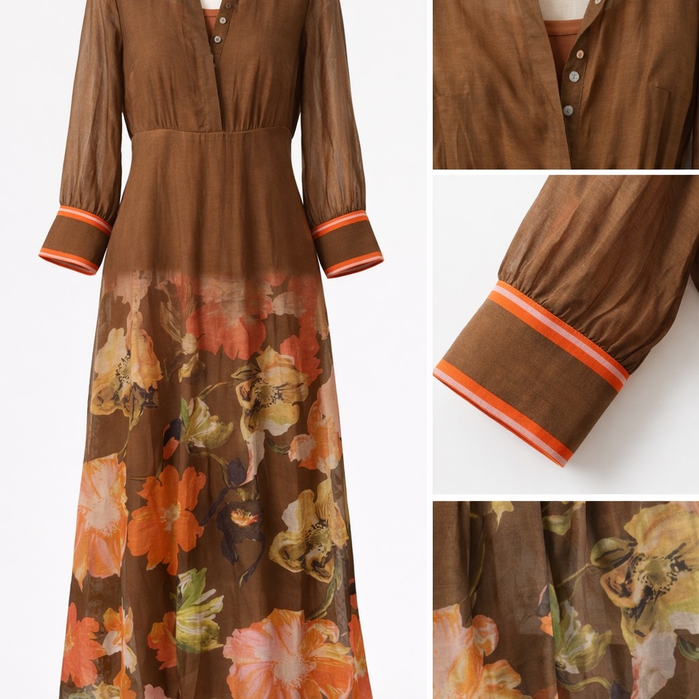 Brown Floral Maxi Dress with Orange Trim